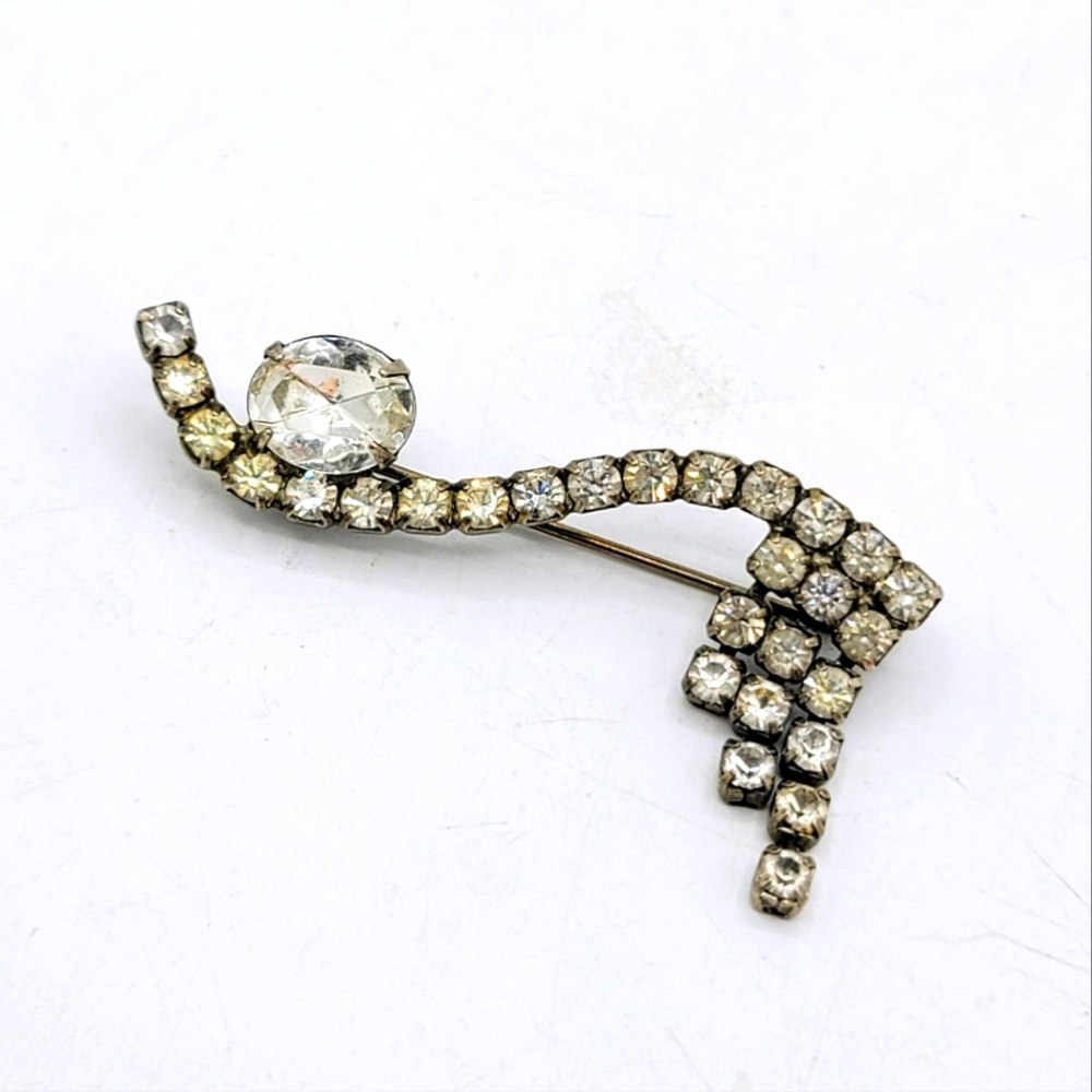 Vintage Rhinestone Spray Brooch Clear Chatons & Oval Stone, Silver Tone